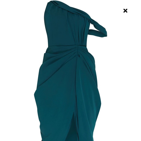 PLT Emerald Green Chiffon Asymmetric Strap Draped Midi Dress - Picture 3 of 4